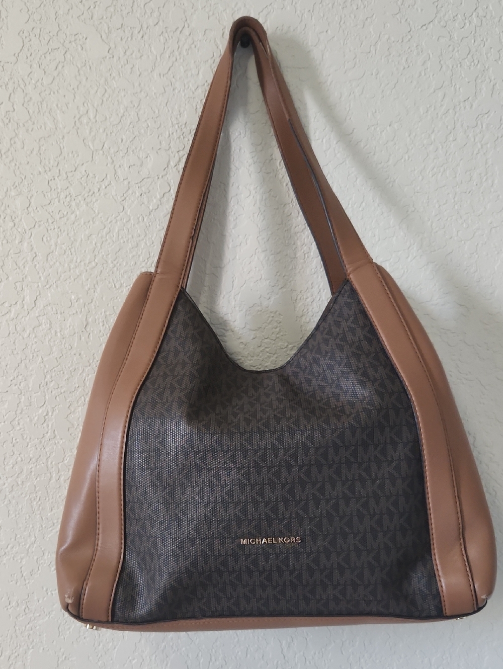 Michael Kors Brown Monogram Hobo Shoulder Bag with Tan Trim